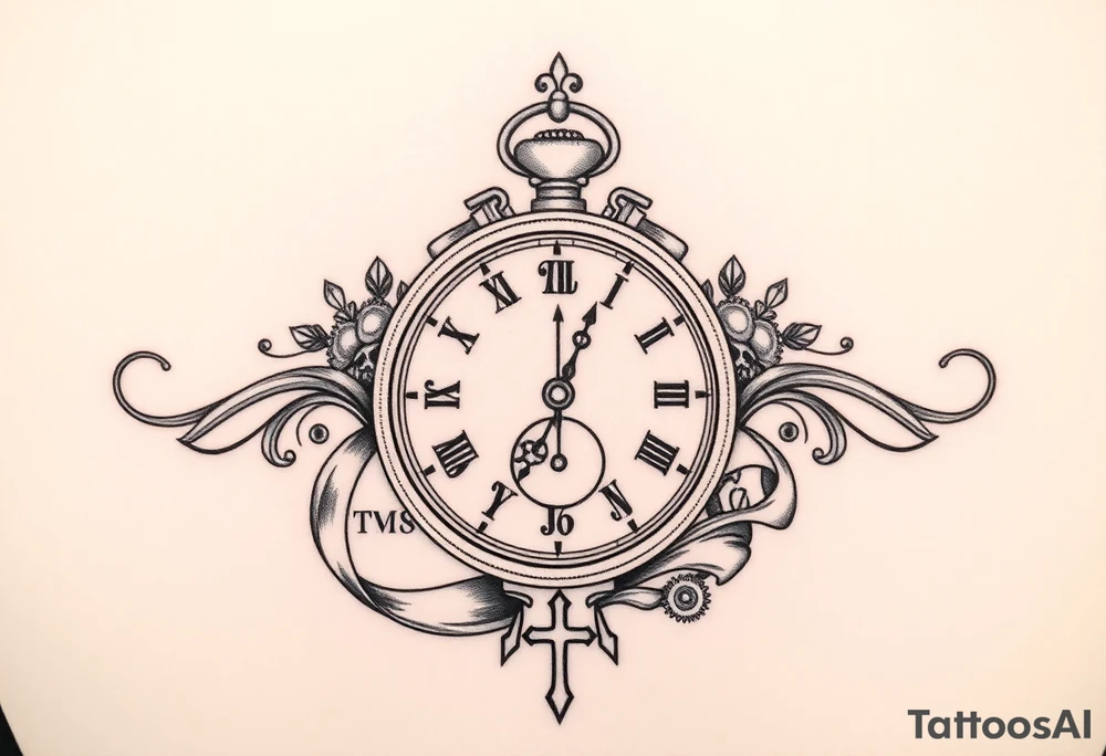 A meaningful tattoo for a 55-year-old man that embodies the themes of fatherhood, time, and integrity. Central to the design is a timepiece (such as a classic pocket watch, sundial, or hourglass) symbolizing his commitment to valuing and managing time despite challenges with focus due to ADD. The design incorporates subtle elements that celebrate his role as a father—perhaps small, meaningful symbols like initials, a family tree, or a compass pointing towards "home" to represent his children. Integrate dynamic elements like flowing sand, gears, or a ribbon of time to capture the feeling of focus and perseverance. The overall style can range from intricate realism to a more abstract or geometric design, depending on his preference.  Add a cross to represent his faith. tattoo idea