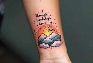 Inked in a burning gradient from red to orange, the quote "Through Hardships To the Stars" rises over storm clouds into twinkling silver stars. tattoo idea