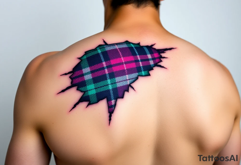 Dark Purple with green pink blue and white highlights tartan fabric on bicep with skin ripping away to reveal tartan underneath tattoo idea