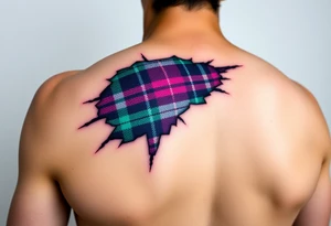 Dark Purple with green pink blue and white highlights tartan fabric on bicep with skin ripping away to reveal tartan underneath tattoo idea