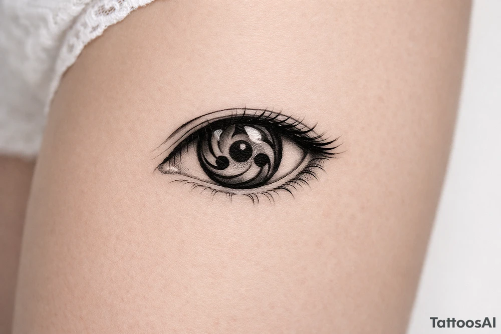 Detailed sharingan eye with swirling tomoe, black ink realism. tattoo idea