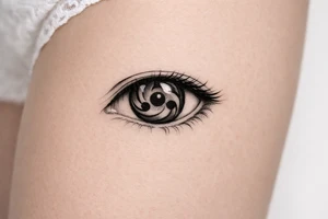 Detailed sharingan eye with swirling tomoe, black ink realism. tattoo idea