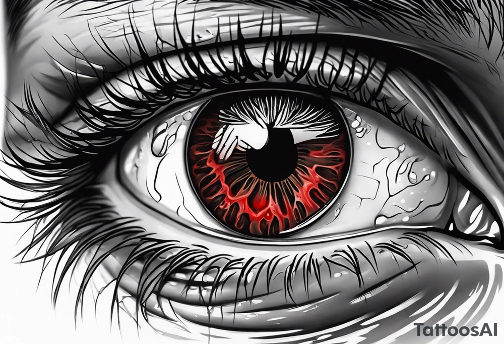 A realistic majestic human eye crying blood with reflection of tragedy and death tattoo idea