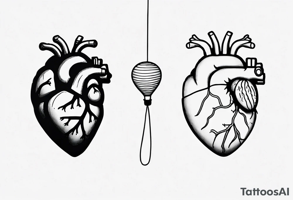 A simple line design anatomical heart and anatomical brain tied with balloon string being held by a woman's hand tattoo idea