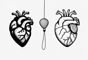 A simple line design anatomical heart and anatomical brain tied with balloon string being held by a woman's hand tattoo idea