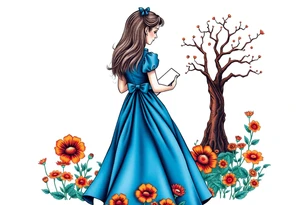 Alice (from Alice in wonderland) silhouette wearing a blue dress. Perspective from the back. She is caring a book, entering a garden with flowers and an orange tree tattoo idea