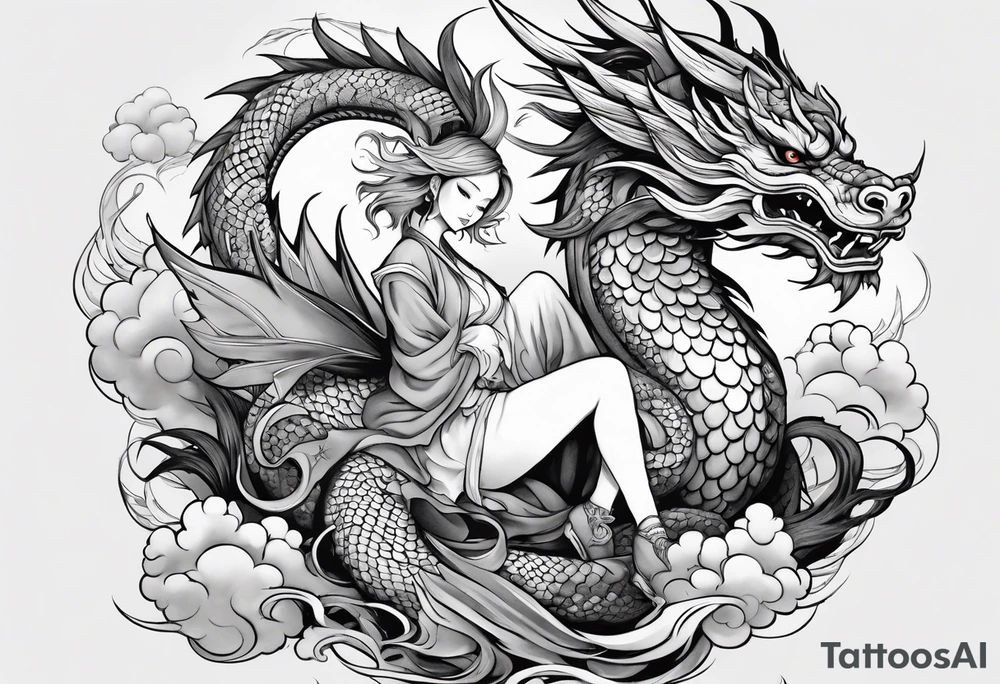 american traditional style of tattoo, an anime girl sitting on a asian dragon surrounded by cloud tattoo idea