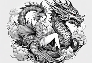 american traditional style of tattoo, an anime girl sitting on a asian dragon surrounded by cloud tattoo idea