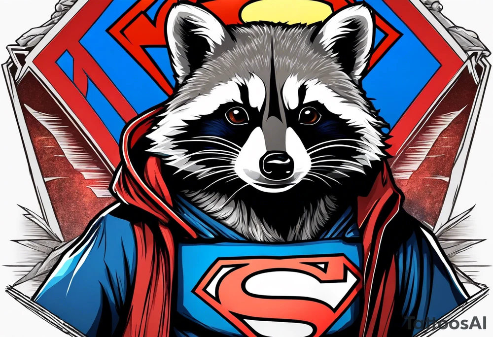 raccoon wearing a Superman hoodie tattoo idea