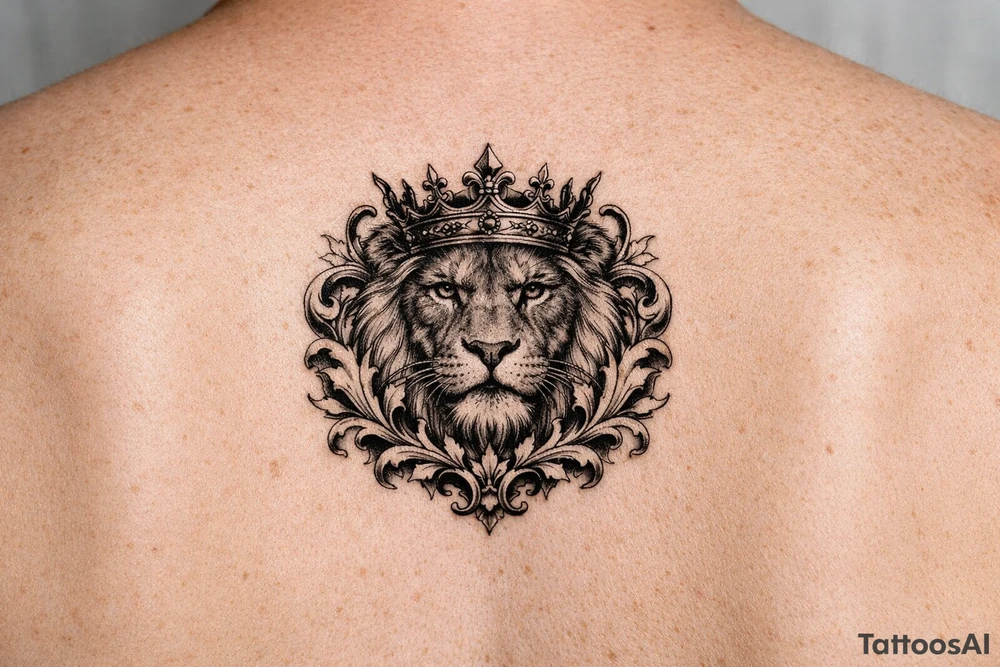 powerful majestic lion with a crown, framed by ornate floral scrollwork tattoo idea