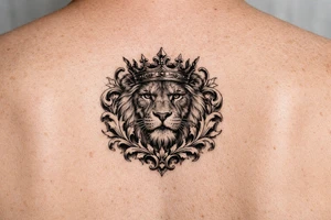powerful majestic lion with a crown, framed by ornate floral scrollwork tattoo idea
