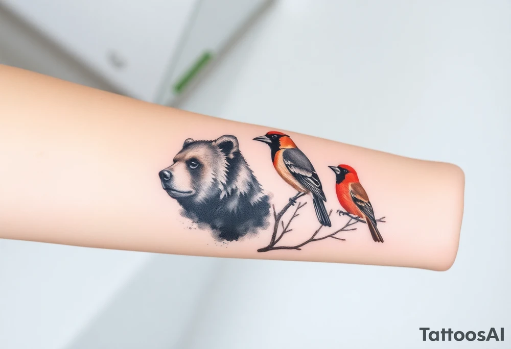 A bear, woodpecker and cardinal tattoo idea