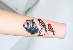 A bear, woodpecker and cardinal tattoo idea