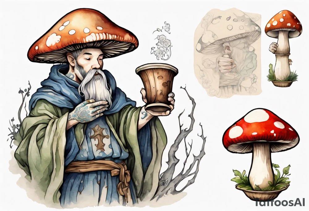 mushroom wearing a medieval tunic drinking from a wood cup tattoo idea