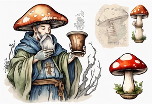 mushroom wearing a medieval tunic drinking from a wood cup tattoo idea