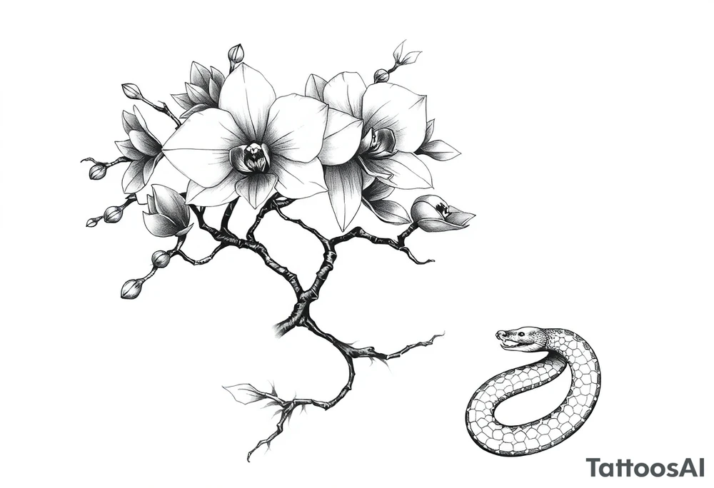 Orchid or cherry blossom tree and lotus and snake on a woman tattoo idea