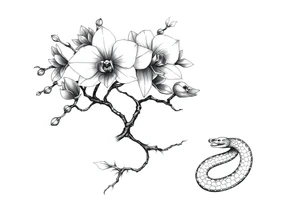 Orchid or cherry blossom tree and lotus and snake on a woman tattoo idea
