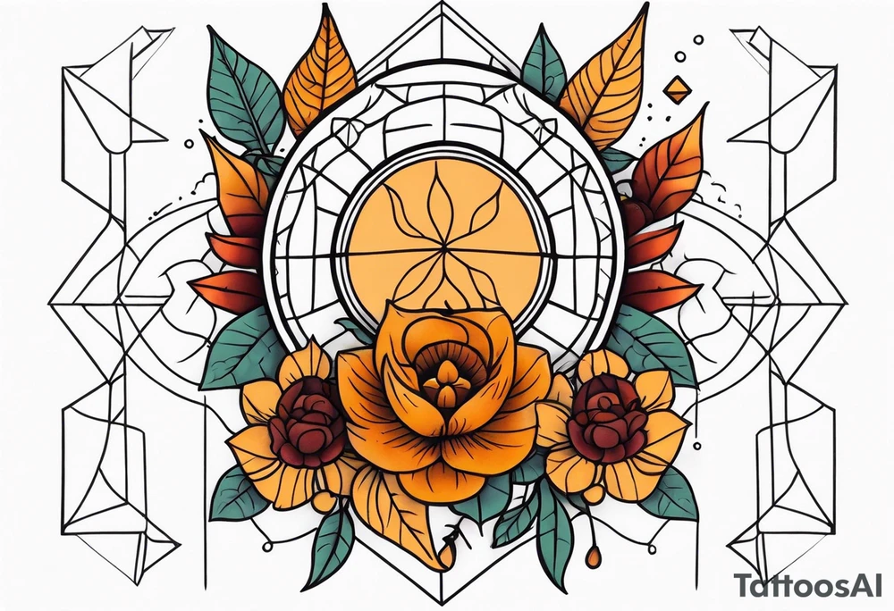 Knee tattoo with fall colors, flowers, skulls and geometric shapes. tattoo idea