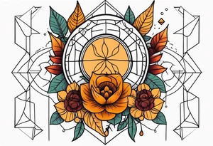 Knee tattoo with fall colors, flowers, skulls and geometric shapes. tattoo idea