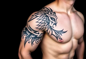 Gladiator on the shoulder with tribal markers down the arm tattoo idea