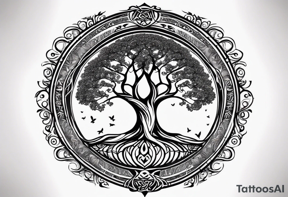A tattoo design symbolizing a strong family bond between a mother and her two sons. The design features a tree with deep roots, representing a clan or tribe with an unbreakable connection. In the center, a mother stands with two children, one on each side, holding hands. The tree's branches surround them, symbolizing protection and unity. Use colors sparingly, but with impact. The tattoo should convey an indestructible bond and unconditional love between the three. It should also illustrate the ability to move forward together, even on a winding road, with maternal strength and protection emphasized. Intended placement: on the arm tattoo idea