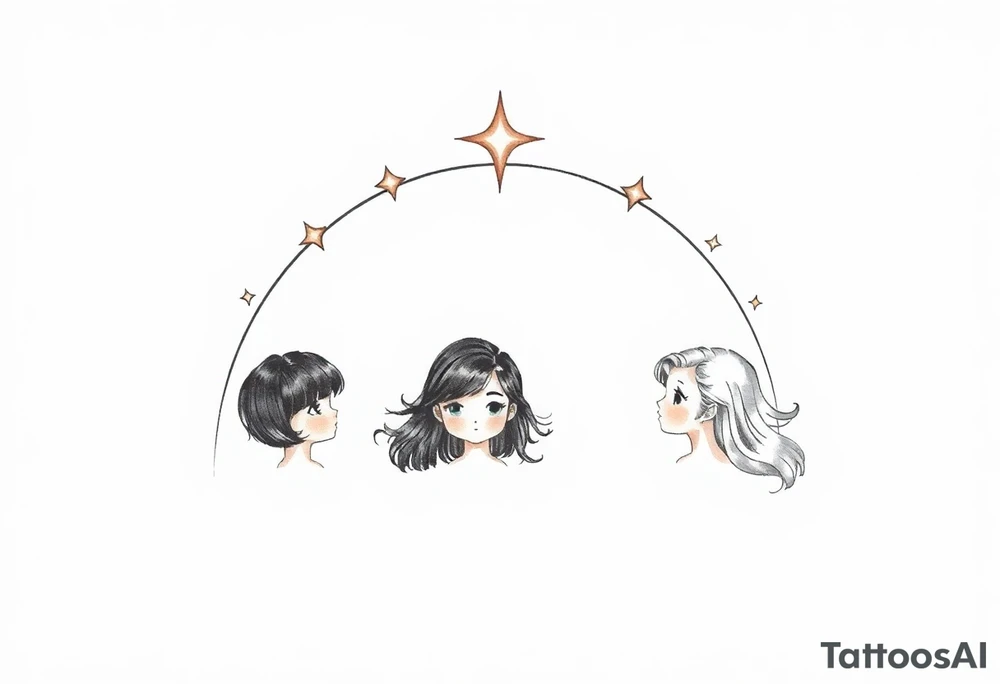 3 petites filles ( une cheveux noir et deux blondes)
sous un arc en ciel incomplet tattoo idea