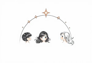 3 petites filles ( une cheveux noir et deux blondes)
sous un arc en ciel incomplet tattoo idea