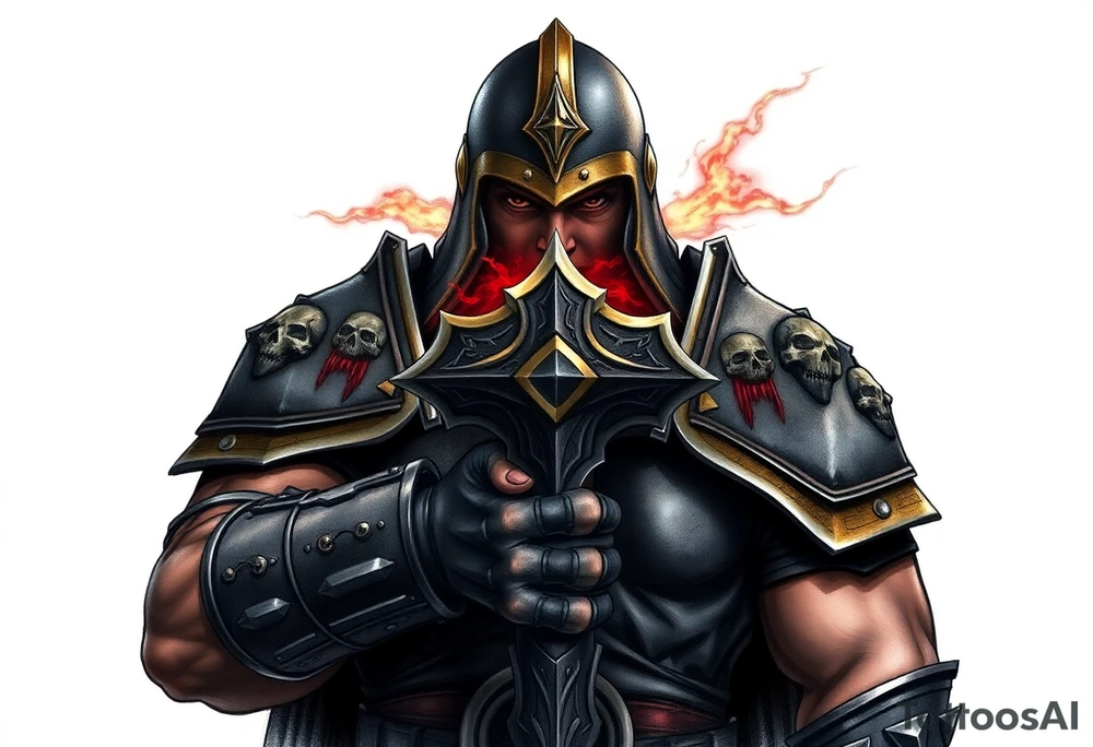 Warhammer, the Old World. A warrior priest of Sigmar holding The Warhammer of Sigmar. The Warhammer of Sigmar is radiating thunderous energy. The Warhammer is held by the warrior priest with both hands upon his chest level. The Warrior priest is wearing dark alloyed heavy armour (reference armor from warhammer vermintide 2 Victor Saltzpyres, the warrior priest of Sigmar class) with skull sigils on his shoulder pads. The warrior priest is wearing a helmet, while the helmets front visor has an humanoid face covering. The helmet and armour are gladened with hints of gold and crimson red. tattoo idea