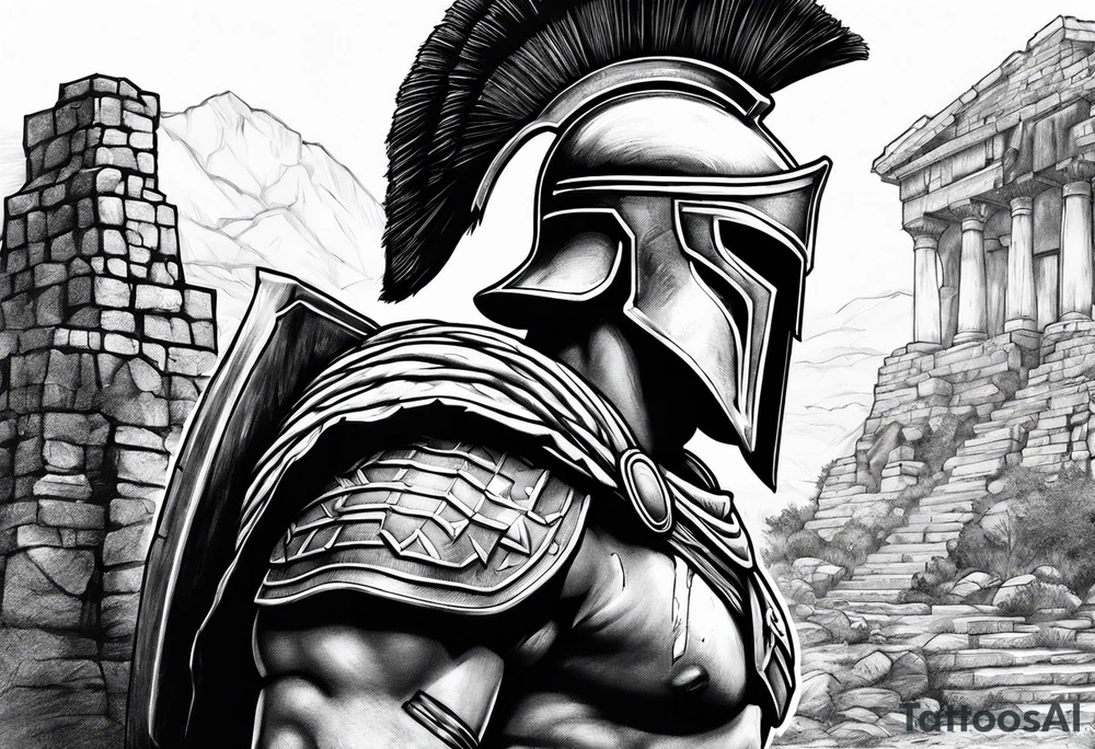 close of of spartan solider looking at distant ruins tattoo idea