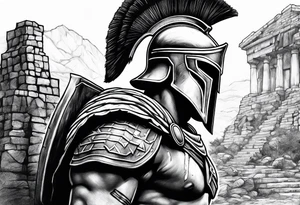 close of of spartan solider looking at distant ruins tattoo idea