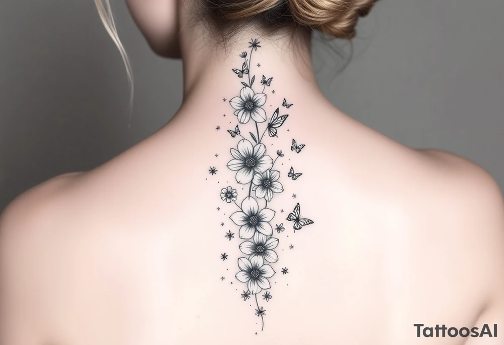 Flowers vertically down the spine surrounded by small butterflies and sparkles

Less flowers tattoo idea