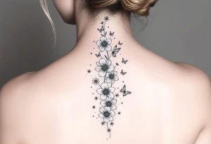 Flowers vertically down the spine surrounded by small butterflies and sparkles

Less flowers tattoo idea