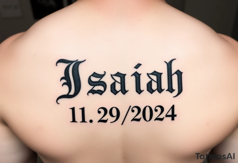 The name Isaiah in old english font and the date 11/29/2024 in Roman numerals tattoo idea