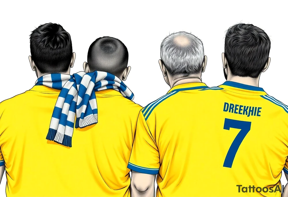 4 soccer fans from their backs, wearing yellow blue shirts. the second one from left having a kid on his shoulders, and he's rising a scarf.
the right one is older, more fat and shorter and wearing an shirt with the number 7 on it and has on his shoulders line like adidas
the left on has a yellow-blue Checkered on his shirt
make some space between the men tattoo idea