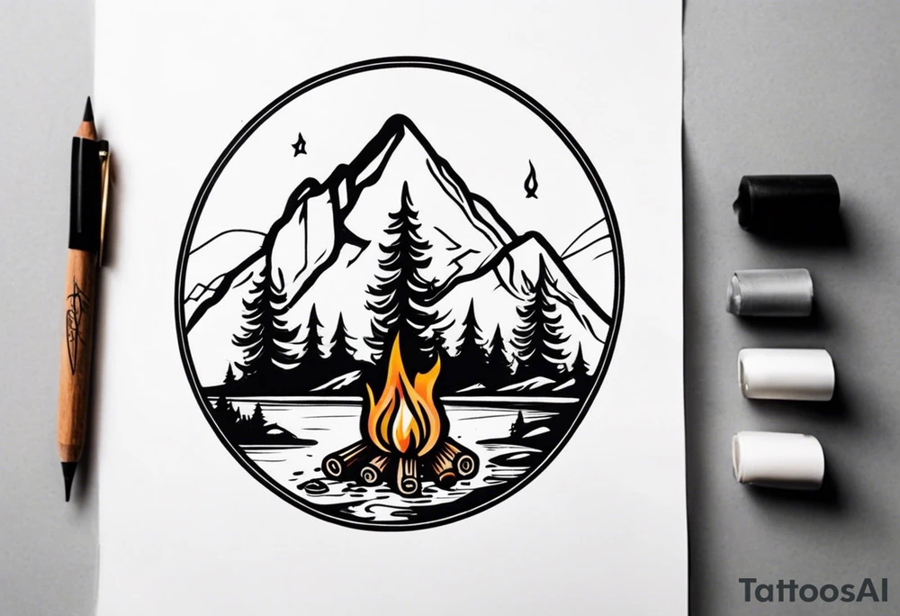Small campfire in the center, right side: an evergreen tall tree, left side: mountain stream tattoo idea