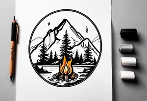 Small campfire in the center, right side: an evergreen tall tree, left side: mountain stream tattoo idea