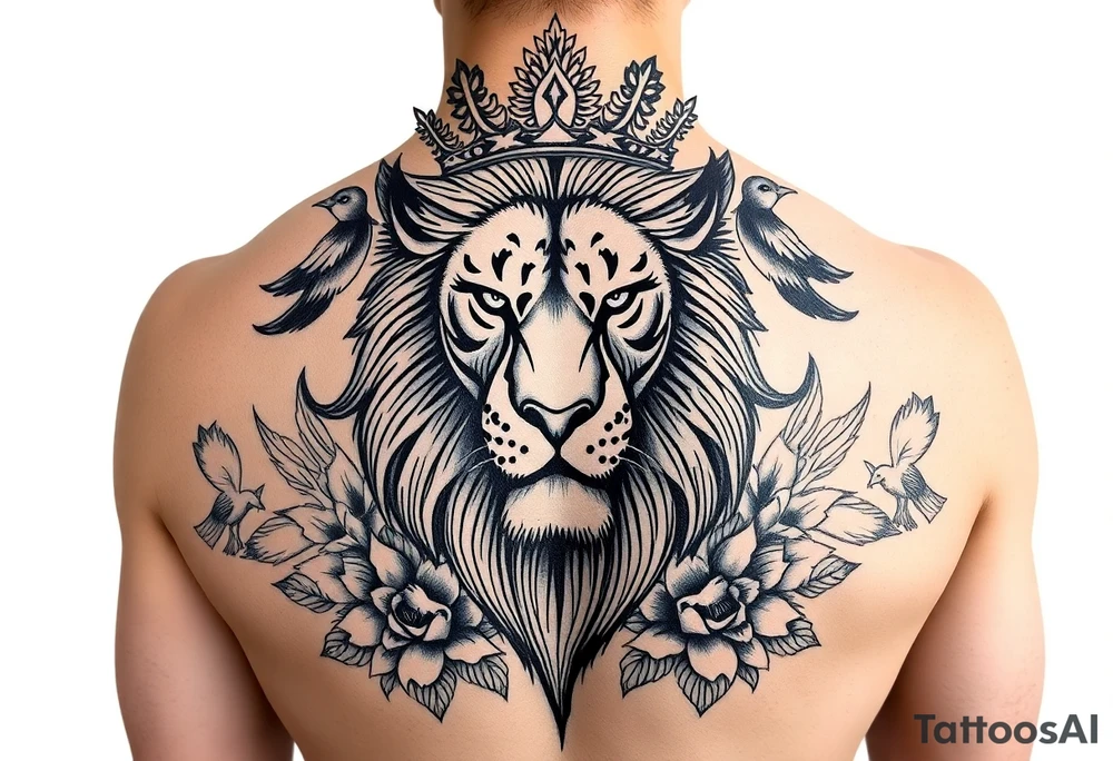 powerful majestic lion with a crown, surrounded by floral ornaments and birds tattoo idea