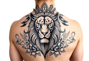 powerful majestic lion with a crown, surrounded by floral ornaments and birds tattoo idea