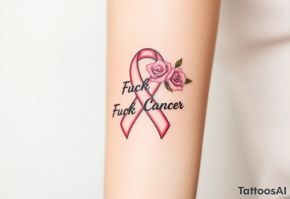 Breast Cancer ribbon that says "Fuck Cancer"with light pink roses tattoo idea