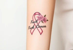 Breast Cancer ribbon that says "Fuck Cancer"with light pink roses tattoo idea