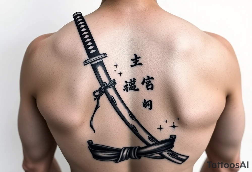 Katana with a black belt and fabled written in korean tattoo idea