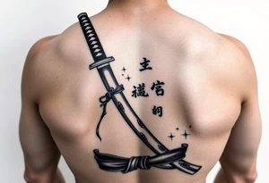 Katana with a black belt and fabled written in korean tattoo idea