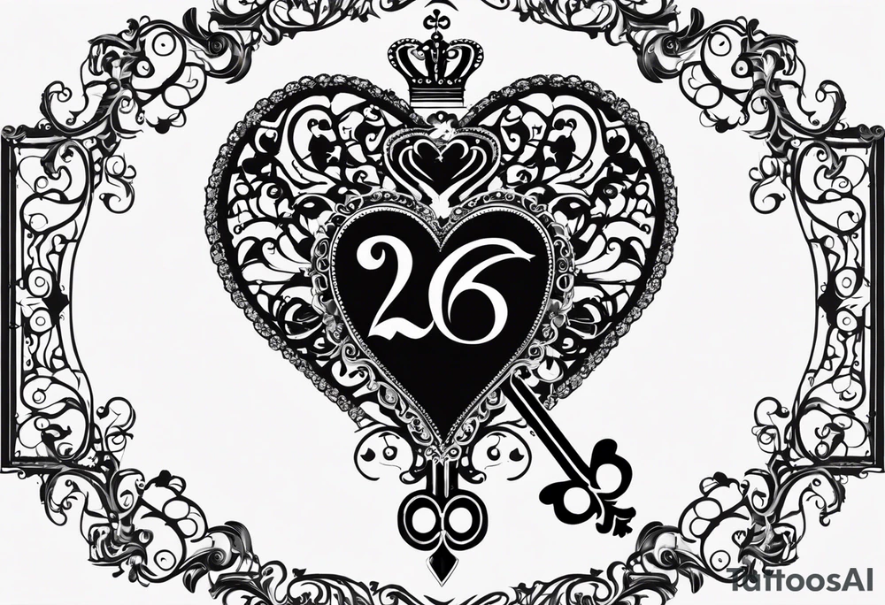 heart shaped skeleton key with antique metal appearance with the year 2016 on it. i also what to incorporate the queen of hearts as a background of the key or in the details of the design. the placement will be in the groin or bikini line tattoo idea