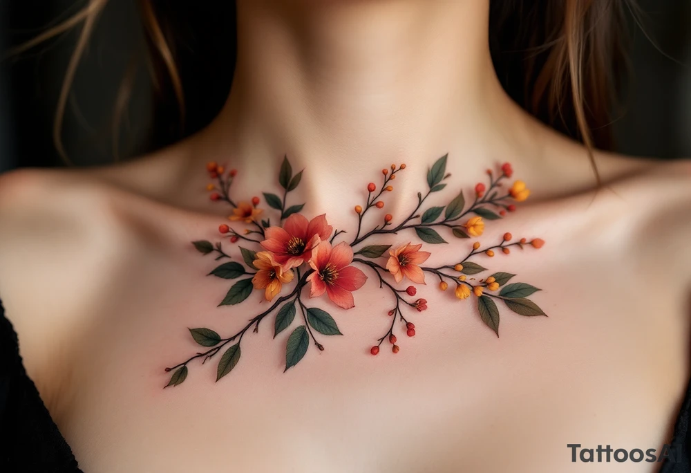 Two separate collarbone tattoos of long, stems and branches covered with red, orange, yellow and dark forest green leaves and flowers, fall themed, muted, delicate and gentle but moody, long and thin, following the collarbone. More muted, not so bright, darker colors tattoo idea