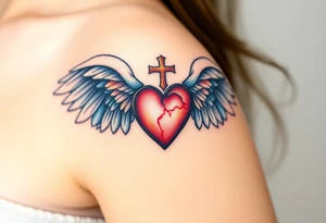 dainty catholic sacred heart with angel wings tattoo idea