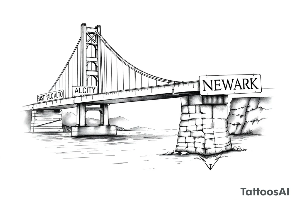A bridge over water with two cities on the side. The city signs on the side of the bridge. East Palo Alto on the left and Newark on the right tattoo idea