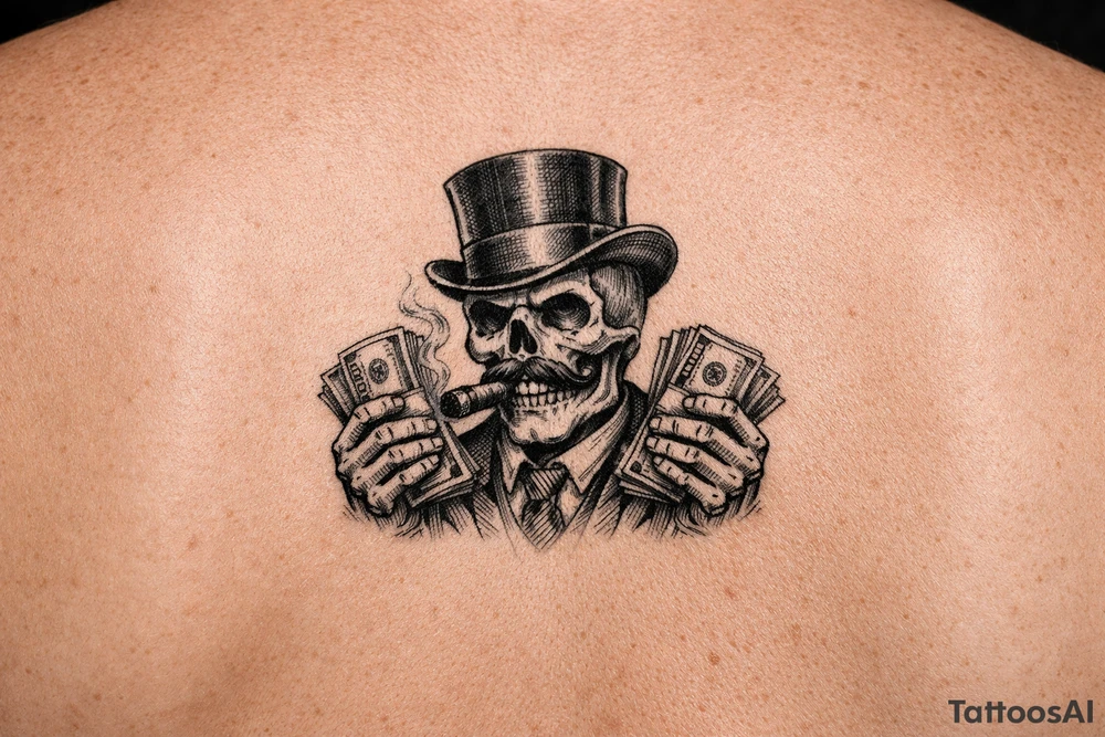 skull with mustache,top-hat,cigar in his mouth,money in both hands. tattoo idea