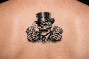 skull with mustache,top-hat,cigar in his mouth,money in both hands. tattoo idea