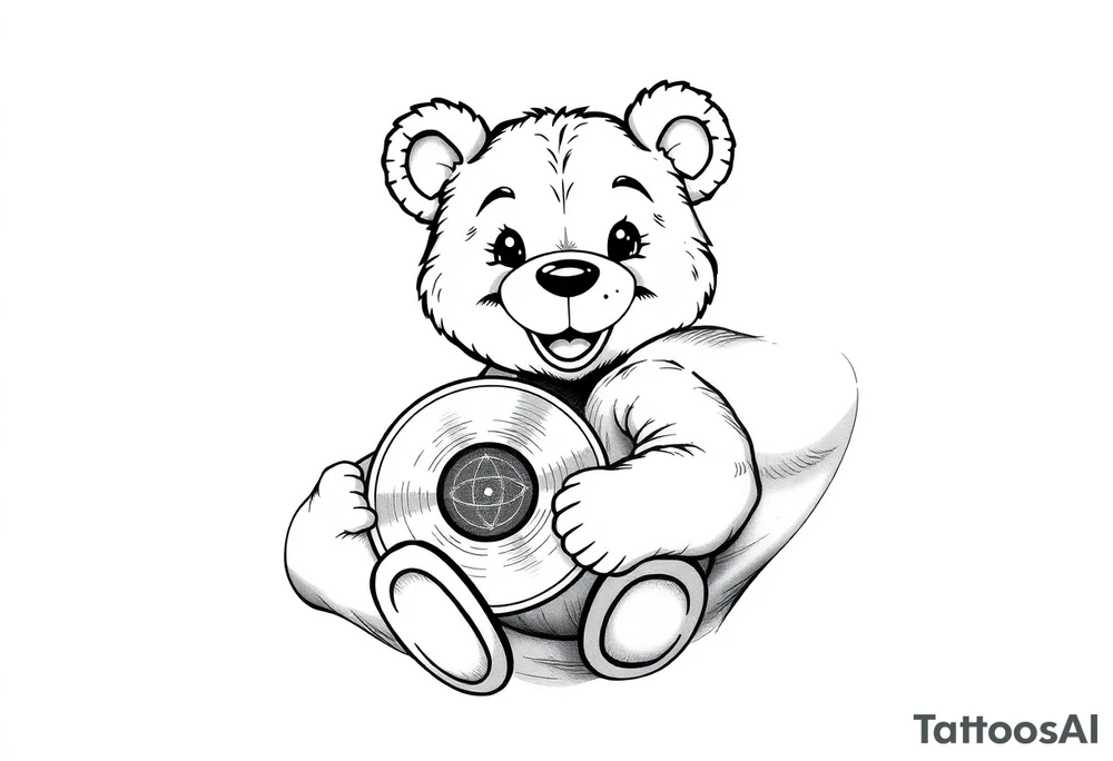 smiling cartoon teddy bear holding a vinyl record tattoo idea