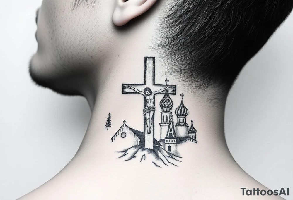 Traditional orthodox ICXC Christian cross with an orthodox Jesus Christ on the cross in a wilderness Russian Kremlin setting tattoo idea